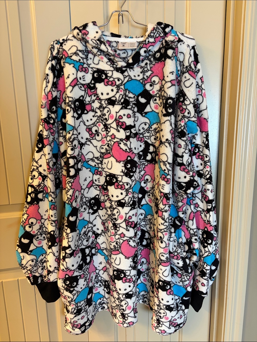 Hello Kitty Plush Fleece Hoodie in White, Pink, Blue & Black